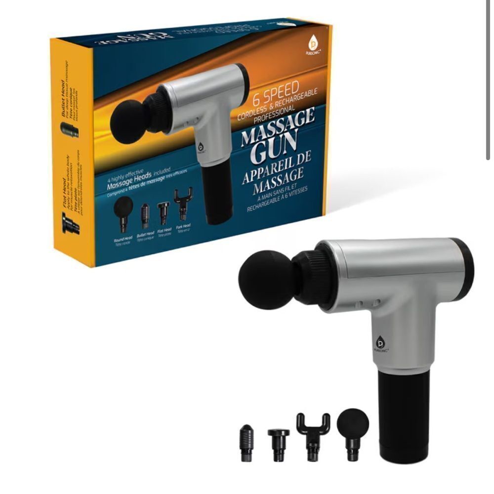 Pursonic 6-Speed Cordless Massage Gun with Attachments in Silver/Black. NIB!